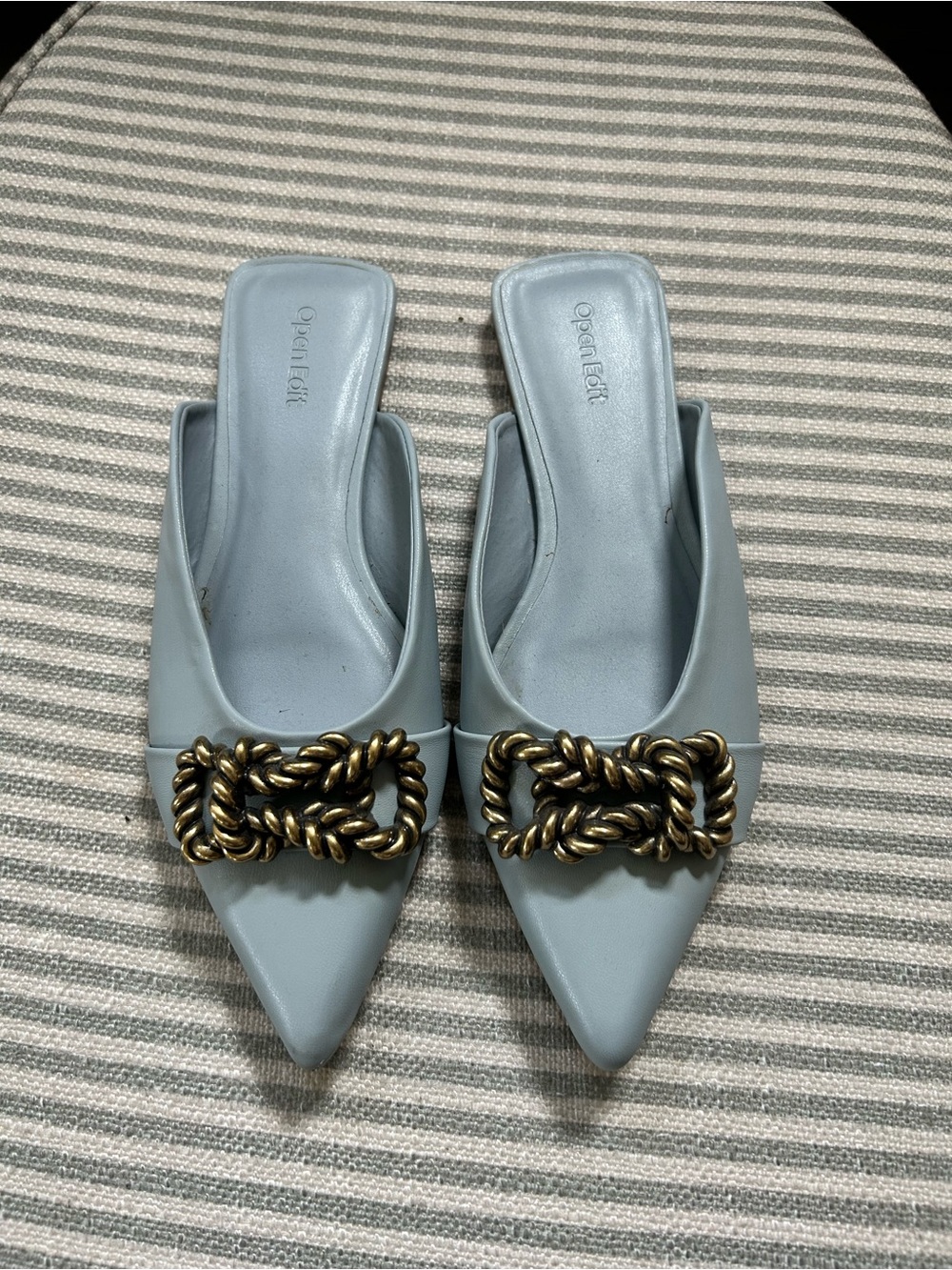 Open Edit Women's Light Blue Pointed Mule with Gold Chain Detail